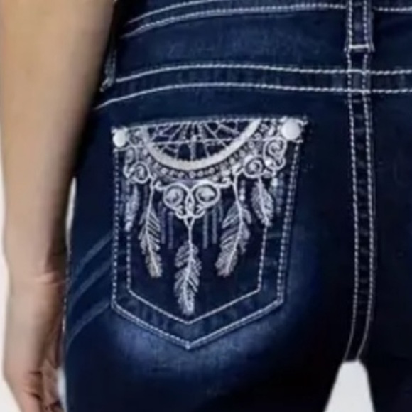 New! Long Length Dark Blue Embroidered Skinny Flared Jeans - Picture 1 of 11